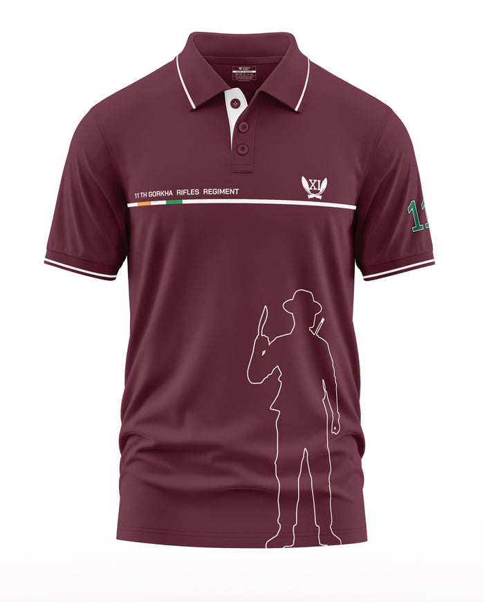 Maroon men's polo shirt with white piping, 11th Gorkha Rifles Regiment text, and soldier outline graphic