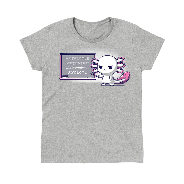 Classic Cotton T-shirt_TeeTurtle Axolotl Lesson Heather Gray t-shirt featuring a cartoon axolotl standing in front of a chalkboard for an "Axolotl Lesson," pointing at the correctly spelled word, while several incorrect spellings are crossed out.