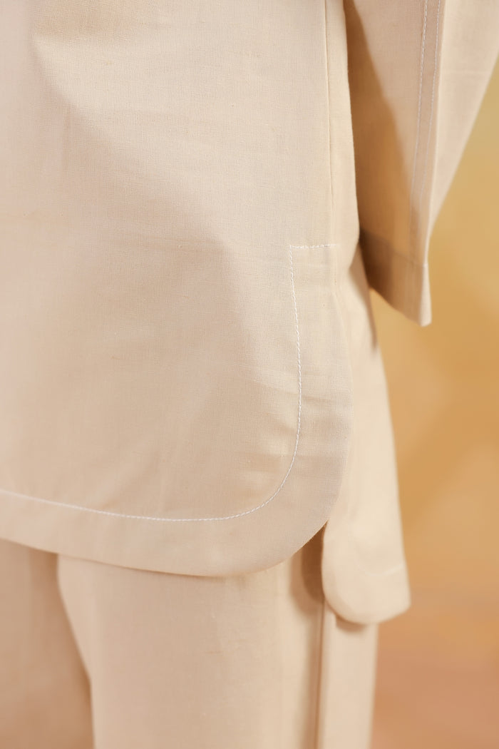 Beige Solid Cotton Flex Shirt Style Everyday Comfort Co-ord Set