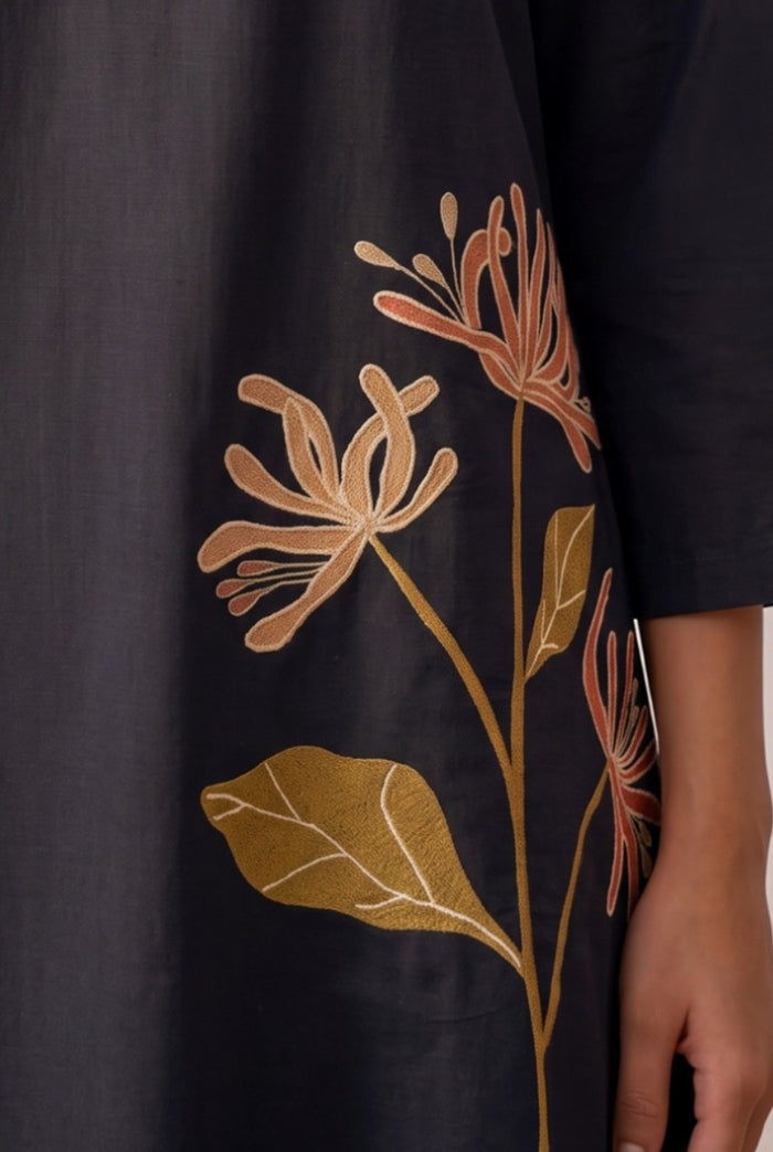 Black Floral Botanical Embroidered Cotton Co-ord Set