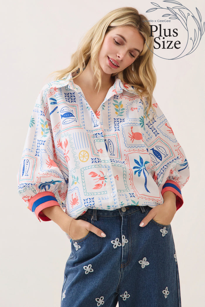 Blouse Printed Button-front Plus Size