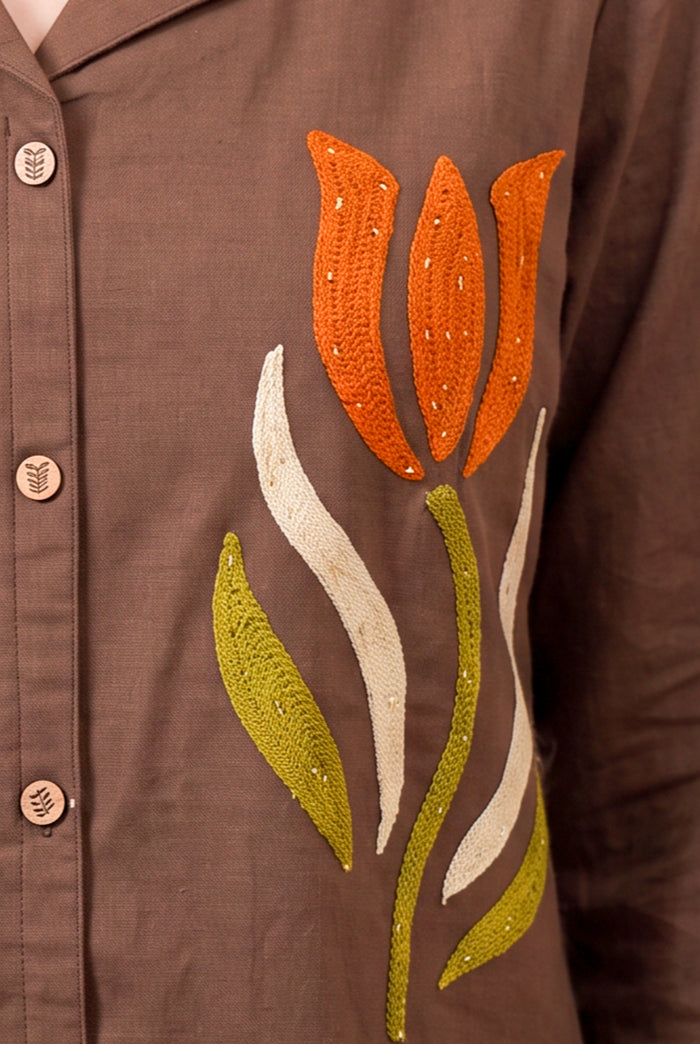 Brown Tulip Hand Embroidered Cotton Co-ord Set