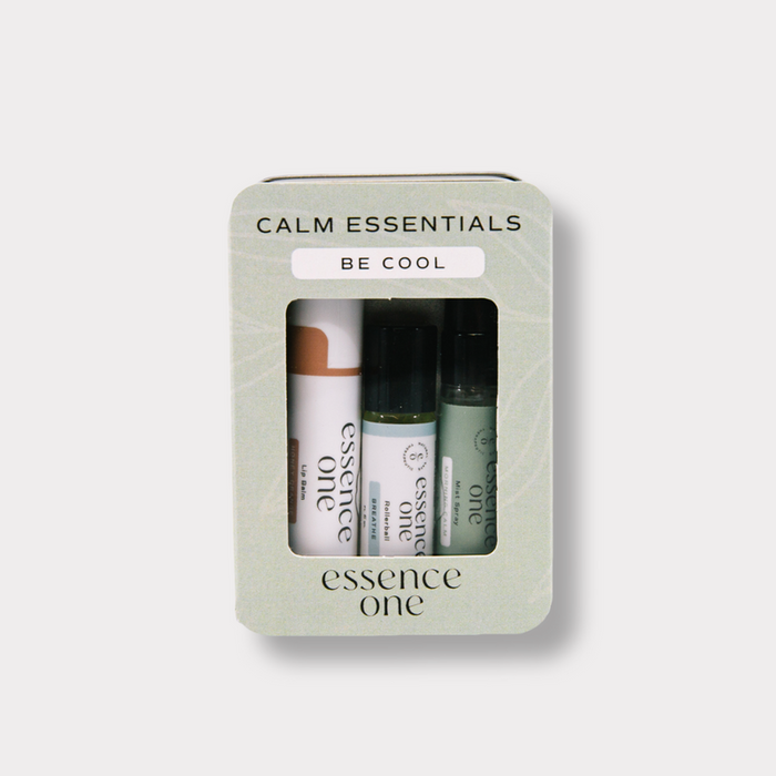 Calm Essentials Kit - "Be Cool" | Essence One featuring a compact set of wellness supplements and body care products in a soft green box for relaxation and skincare.