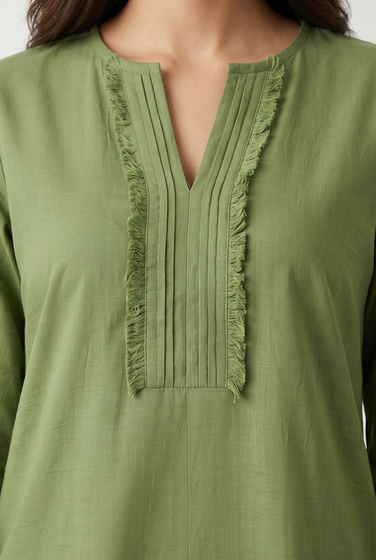 Green Lace Detail Solid V-Notch Neck Straight Cotton Co-ord Set