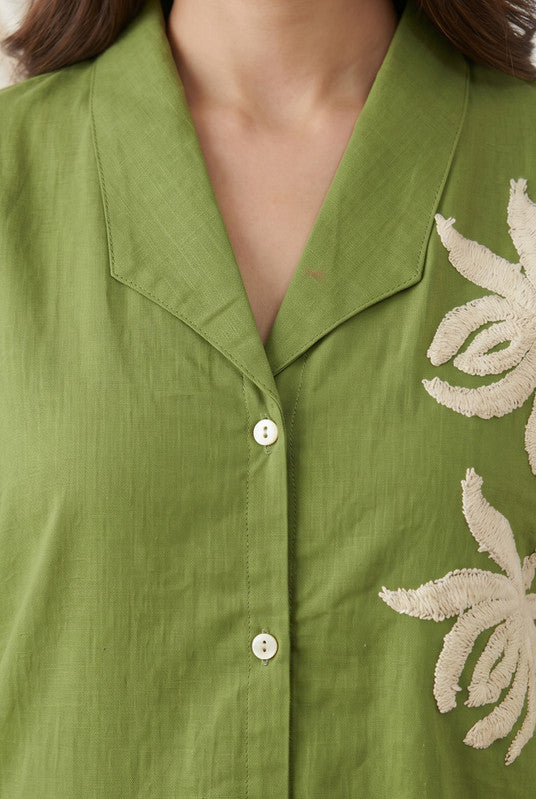 Green Cotton Co-ord Set with Floral Embroidered Top