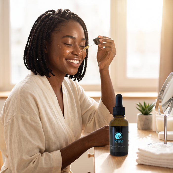 Black woman with braids applying Hyaluronic Acid Deep Hydration Serum in morning sunlight