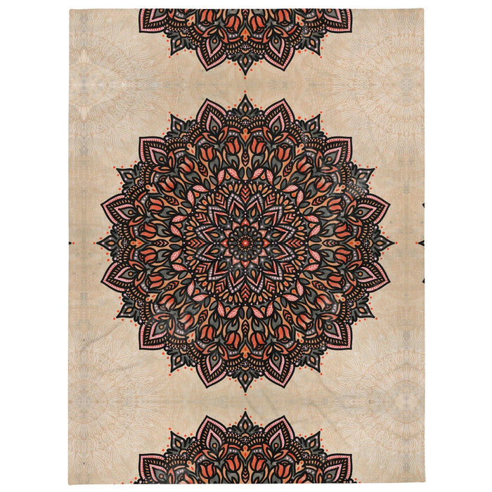 Mandala Plush Blanket - The massive, perfect radial symmetry of the central medallion anchored by deep charcoal onyx (#292929) linework against the sandy parchment field (#DBC2A0).