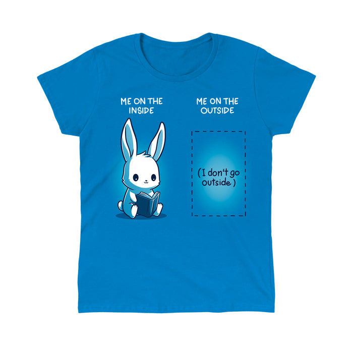 Classic Cotton T-shirt_TeeTurtle sapphire blue Me On The Inside, Me On The Outside apparel featuring an illustration of a cute bunny reading a book with text: "Me on the inside" above it. Next to it, a blank space that says "(I don't go outside)" with text: "Me on the outside" above it.