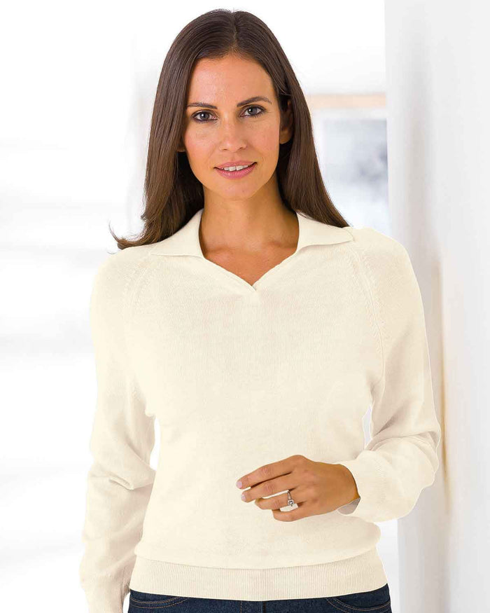 Merino Collared V Neck Jumper - Cream - The Classic Boutique