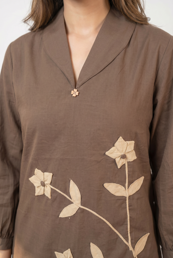 Mocha Floral Appliqué Cotton Co-ord Set