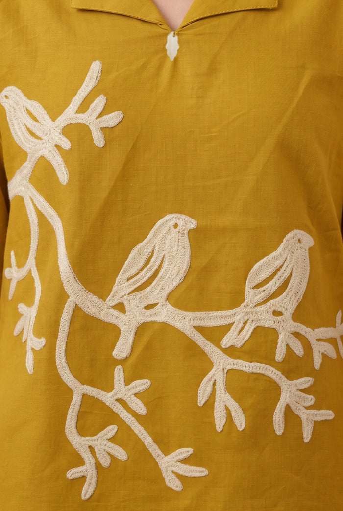 Mustard Bird Embroidered Cotton Flex Co-ord Set with V-Neck Lapel Collar Tunic and Straight-Fit Pants