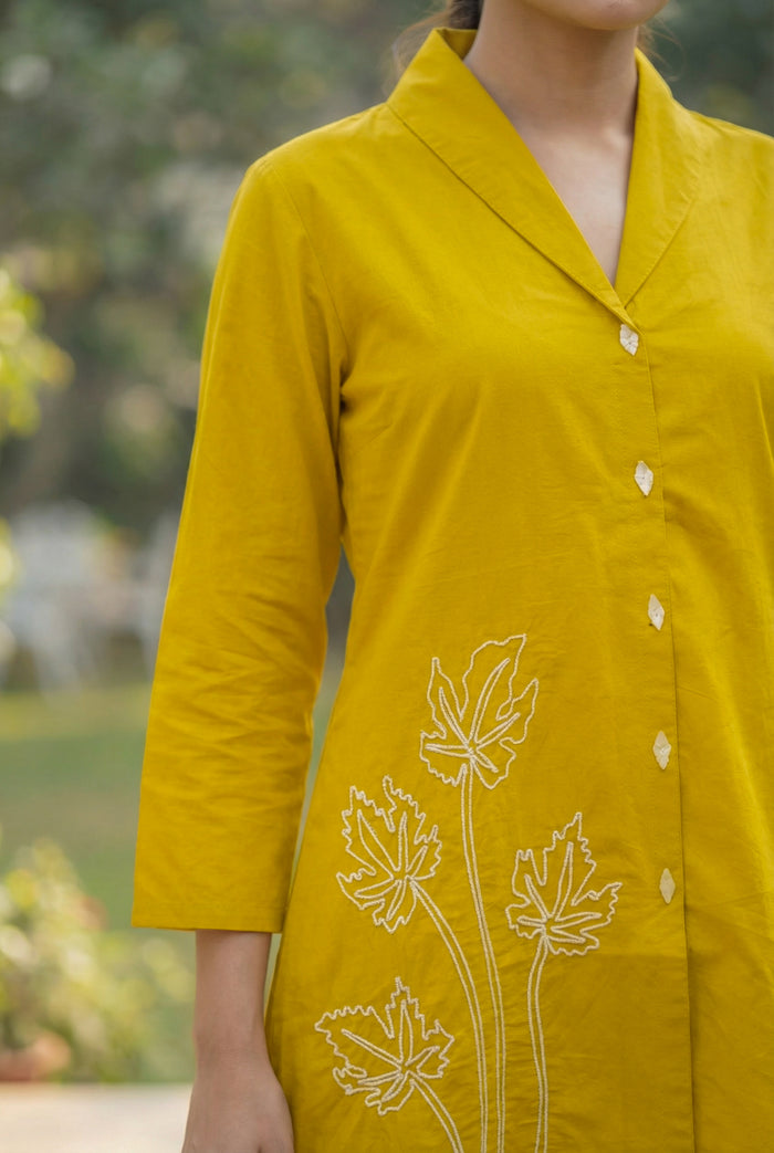 Mustard Sunbeam Leaf Embroidered Button-Down Cotton Co-ord Set