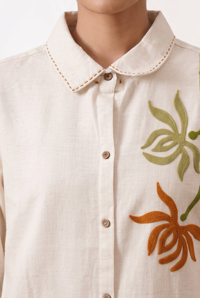 Off-White Floral Embroidered Cotton Flex Co-ord Set