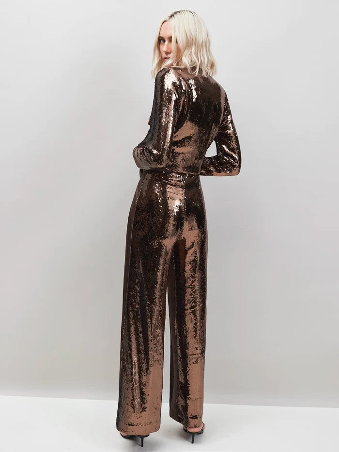 Petite Brown Chocolate Sequinned Satin-Stripe Trousers