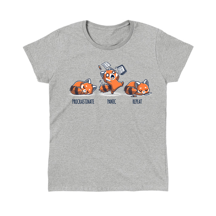 Classic Cotton T-shirt_TeeTurtle Procrastinate. Panic. Repeat. Heather Gray t-shirt featuring an illustrated sequence of a red panda first procrastinating, then panicking with papers flying, and finally repeating the cycle while asleep with a pencil nearby.
