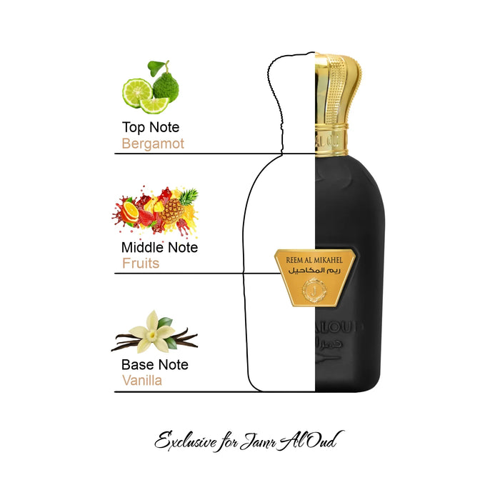 Reem Al Mikahel perfume bottle with bergamot, fruit, and vanilla notes, exclusive at Jamr Al Oud.