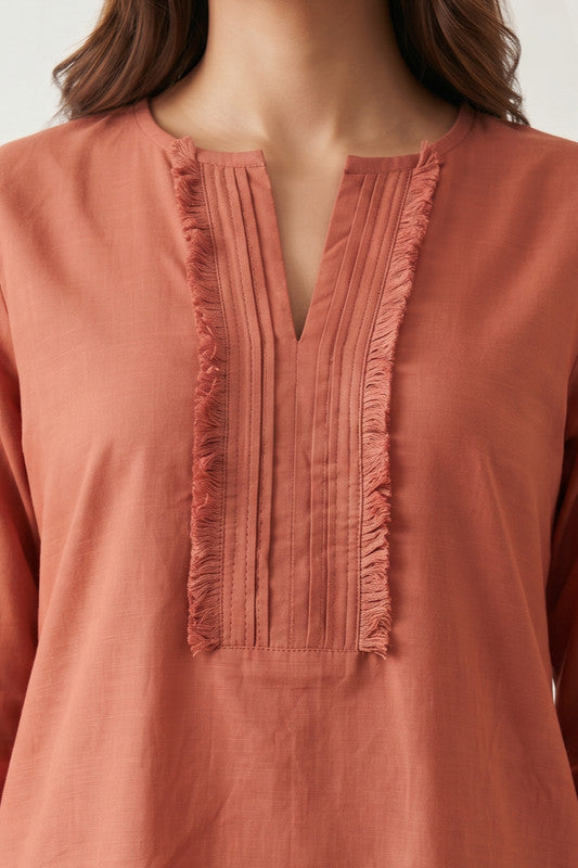 Rust Fringe Detail Solid Comfort Fit V-Notch Neck Cotton Co-ord Set