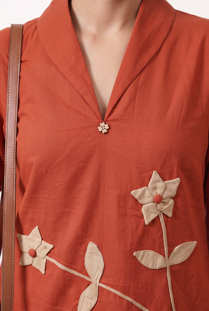 Rust Orange Floral V-Neck Embroidered Cotton Co-ord Set for Casual & Festive Wear