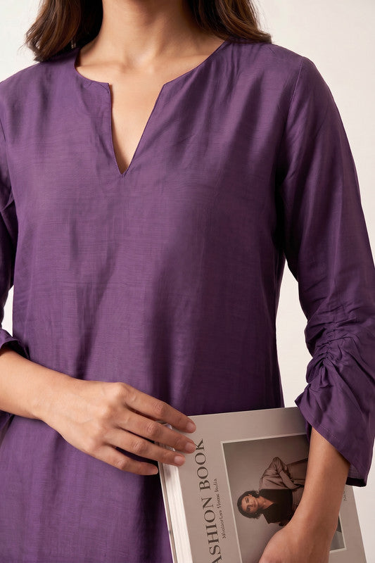 Solid Purple V-Neck Longline Tunic with Straight-Fit Trousers Russian Silk Co-ord Set.