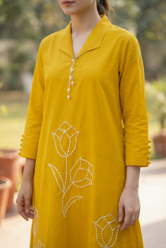 Yellow Embroidered Tulip Floral Threadwork Two-Piece Cotton Co-ord Set