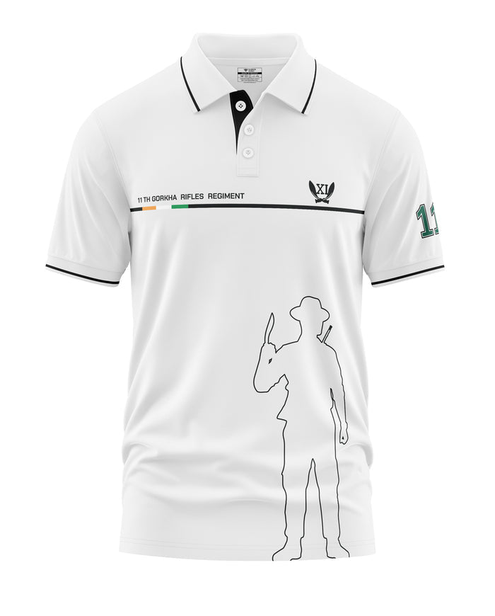 White polo t-shirt with black collar, 11th Gorkha Rifles Regiment logo, silhouette soldier graphic