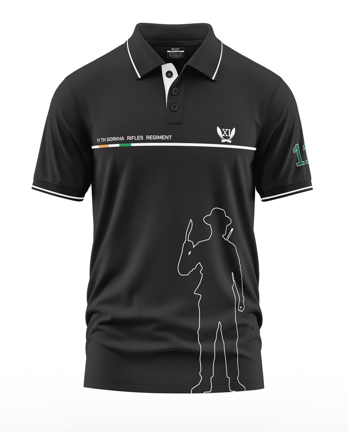 Black polo t-shirt featuring '11th Gorkha Rifles Regiment' text, army outline, military style design