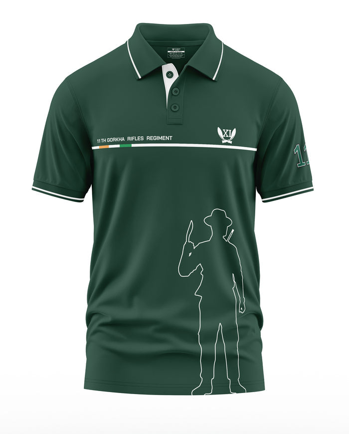 Dark green men's polo t-shirt with '11th Gorkha Rifles Regiment' text and soldier silhouette graphic