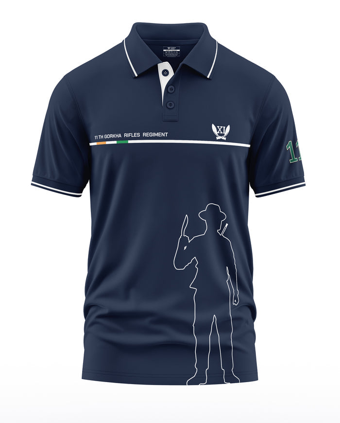 Navy blue polo t-shirt with 11th Gorkha Rifles Regiment text, army motif, and white trim.