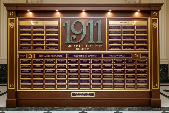 omega psi phi 1911 donation wall, with 1911 being significant to the year the organization was founded