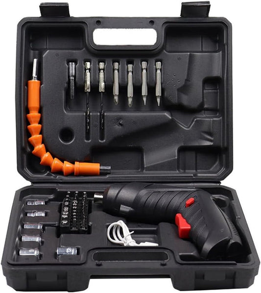Black and orange screwdriver set with bits in a black case on a white background