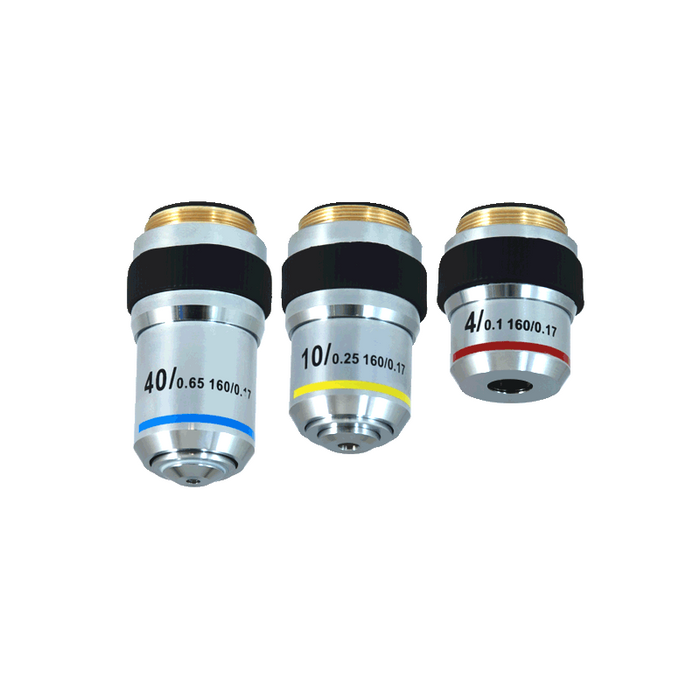 Achromatic Polarizing Microscope Objective Lens Set (Spring) 4X 10X 40X, SKU PL13023011, three quarter front view