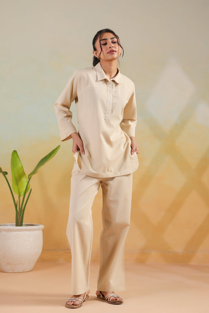 Beige Solid Cotton Flex Shirt Style Everyday Comfort Co-ord Set