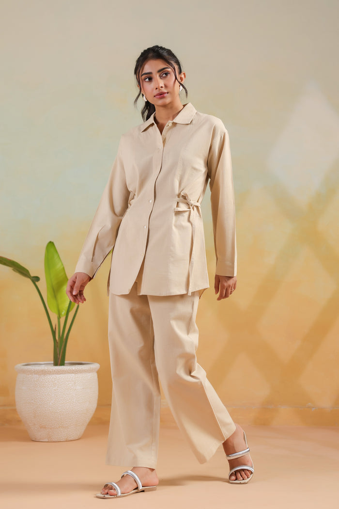 Beige Waist-Tie Structured Shirt Solid Cotton Flex Co-ord Set