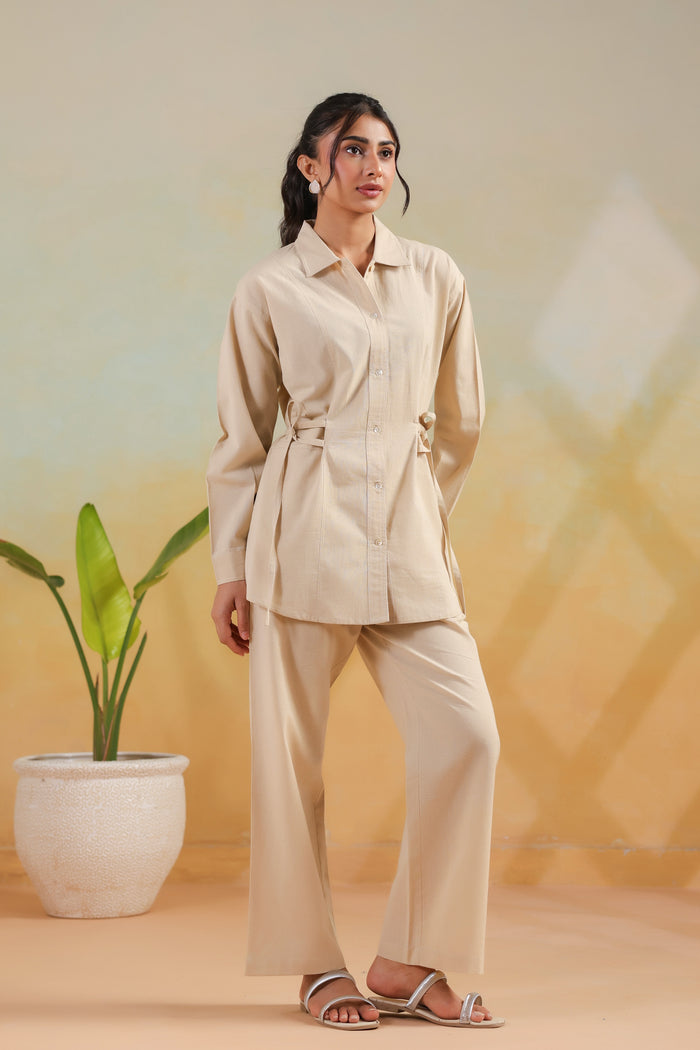 Beige Waist-Tie Structured Shirt Solid Cotton Flex Co-ord Set