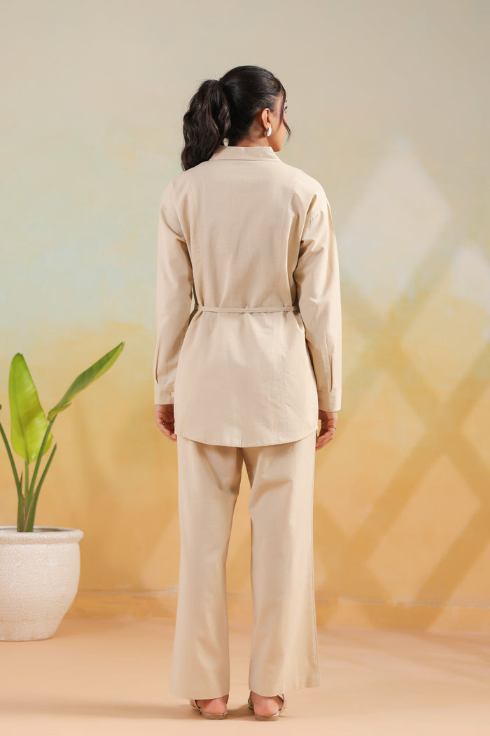 Beige Waist-Tie Structured Shirt Solid Cotton Flex Co-ord Set