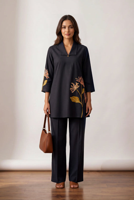 Black Floral Botanical Embroidered Cotton Co-ord Set