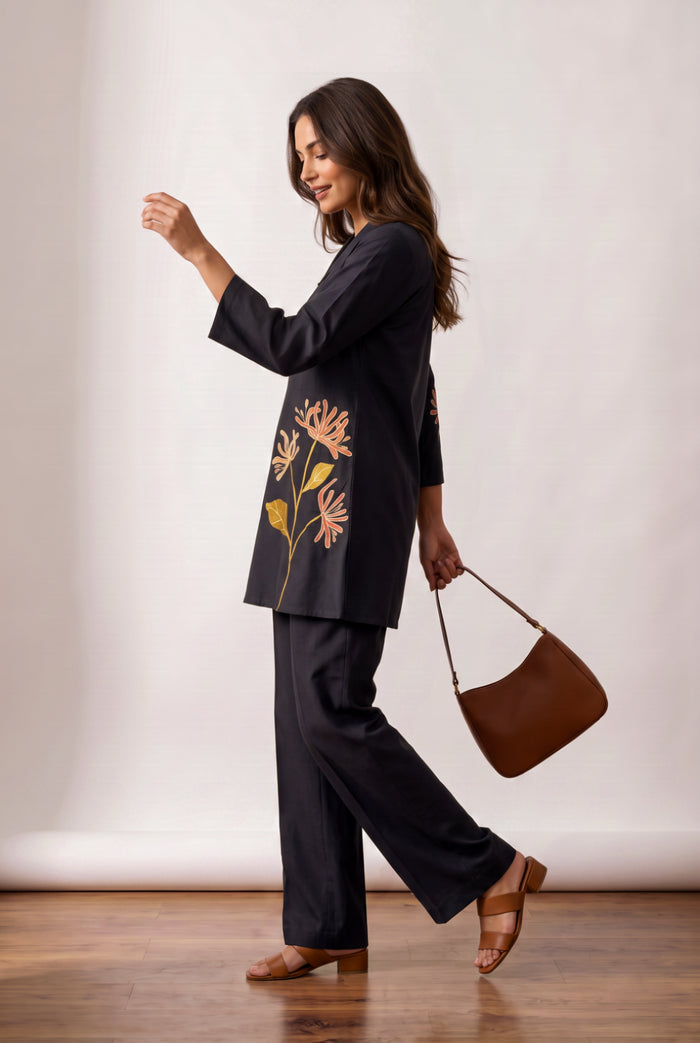 Black Floral Botanical Embroidered Cotton Co-ord Set