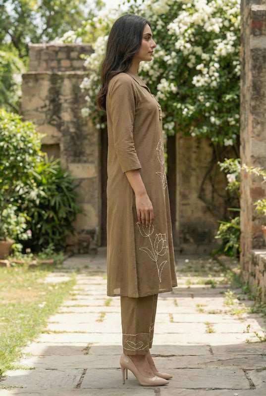 Brown Tulip Floral Embroidered Cotton Co-ord Set
