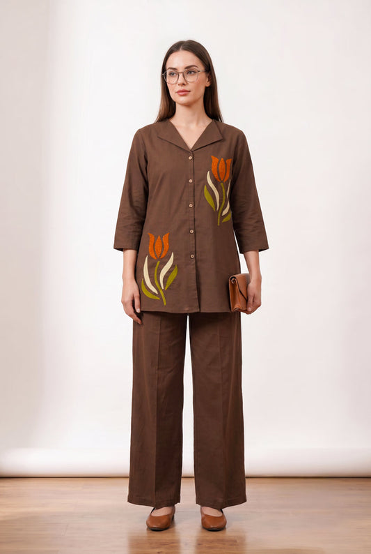 Brown Tulip Hand Embroidered Cotton Co-ord Set