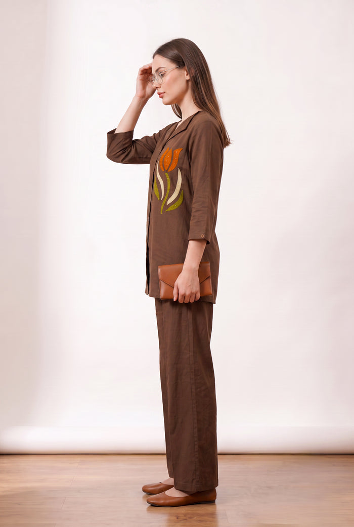 Brown Tulip Hand Embroidered Cotton Co-ord Set