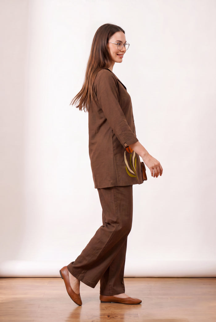 Brown Tulip Hand Embroidered Cotton Co-ord Set