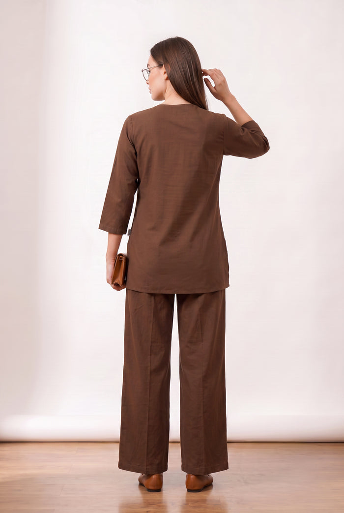 Brown Tulip Hand Embroidered Cotton Co-ord Set