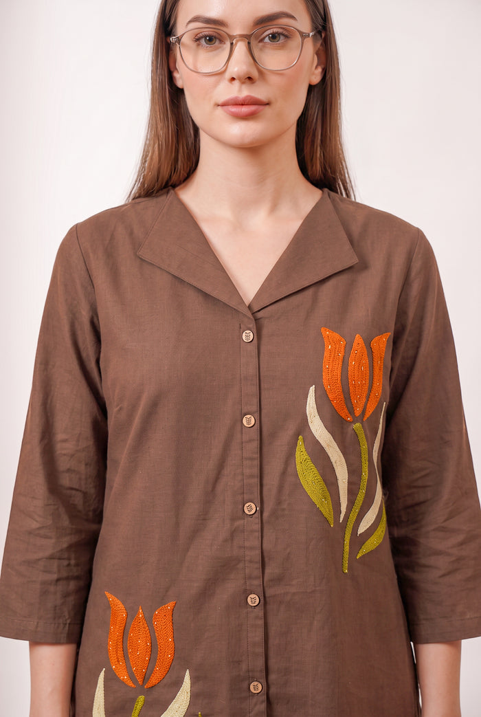 Brown Tulip Hand Embroidered Cotton Co-ord Set