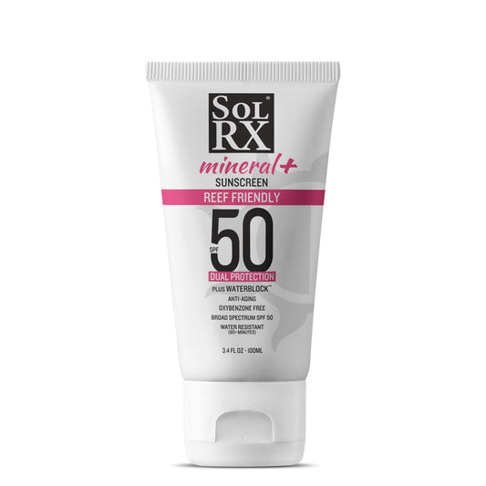 Tube of Clear Zinc SPF 50 Sunscreen | SolRX Sunscreen featuring reef-friendly, broad spectrum, water-resistant mineral sunscreen for skincare and body care.