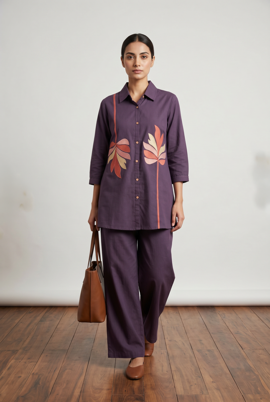 Deep Purple Abstract Leaf Embroidered Cotton Flex Co-ord Set