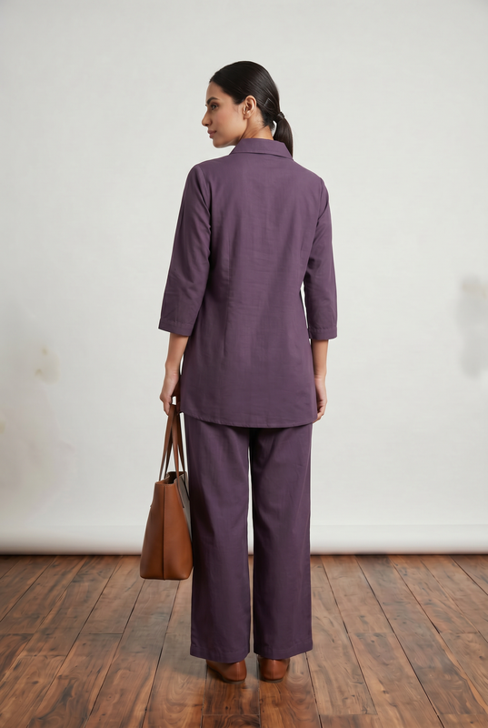 Deep Purple Abstract Leaf Embroidered Cotton Flex Co-ord Set