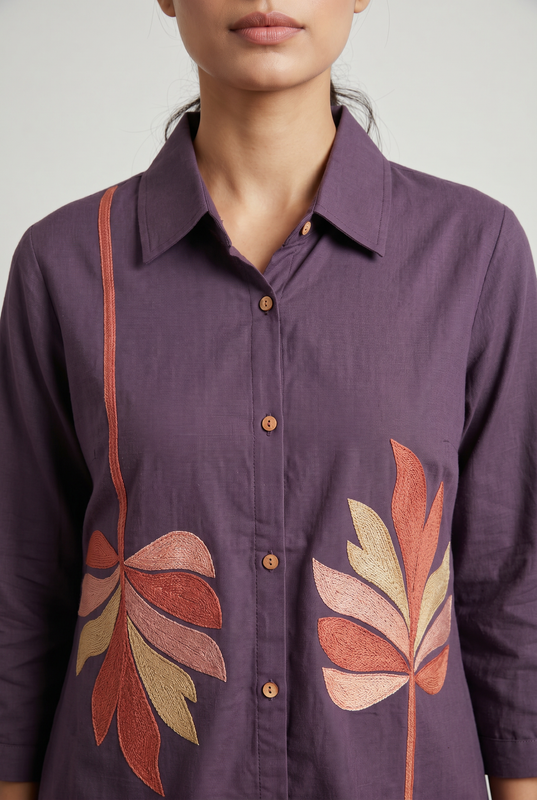 Deep Purple Abstract Leaf Embroidered Cotton Flex Co-ord Set