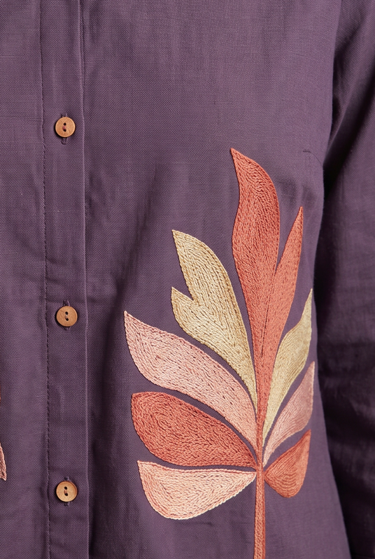 Deep Purple Abstract Leaf Embroidered Cotton Flex Co-ord Set