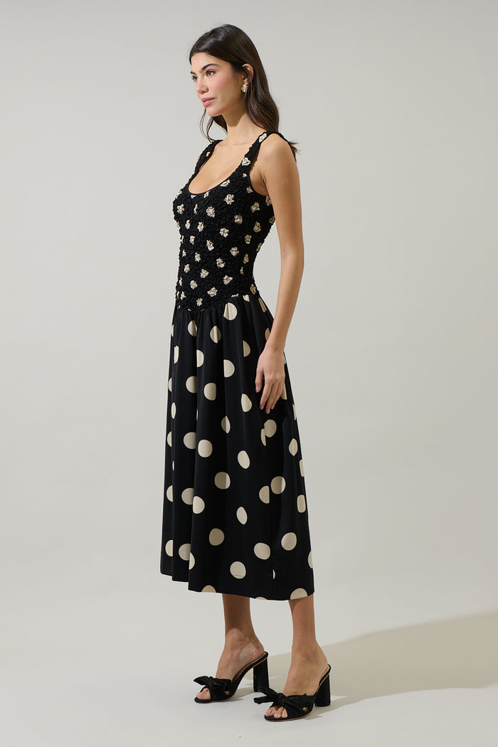 Demmy Polka Dot Ruched Midi Dress