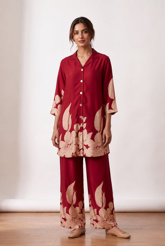 Garden Bloom Floral Hem Printed Russian Silk Co-ord Set